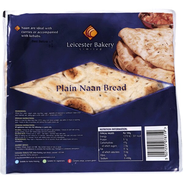 Leicester Bakery 3 Flame Baked Plain Naan Bread (July - Aug 23) RRP 1.49 CLEARANCE XL 89p or 2 for 1.50